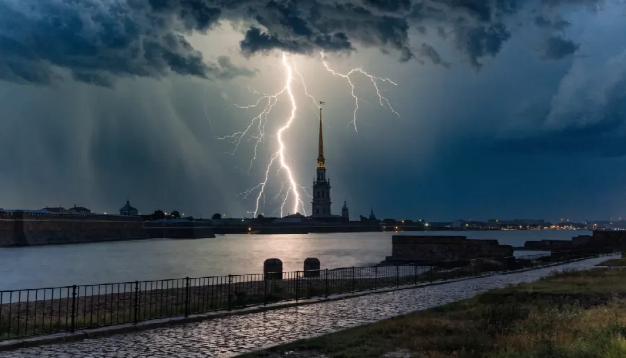 городской пейзаж, гроза, крепость, молния, небо, ночь