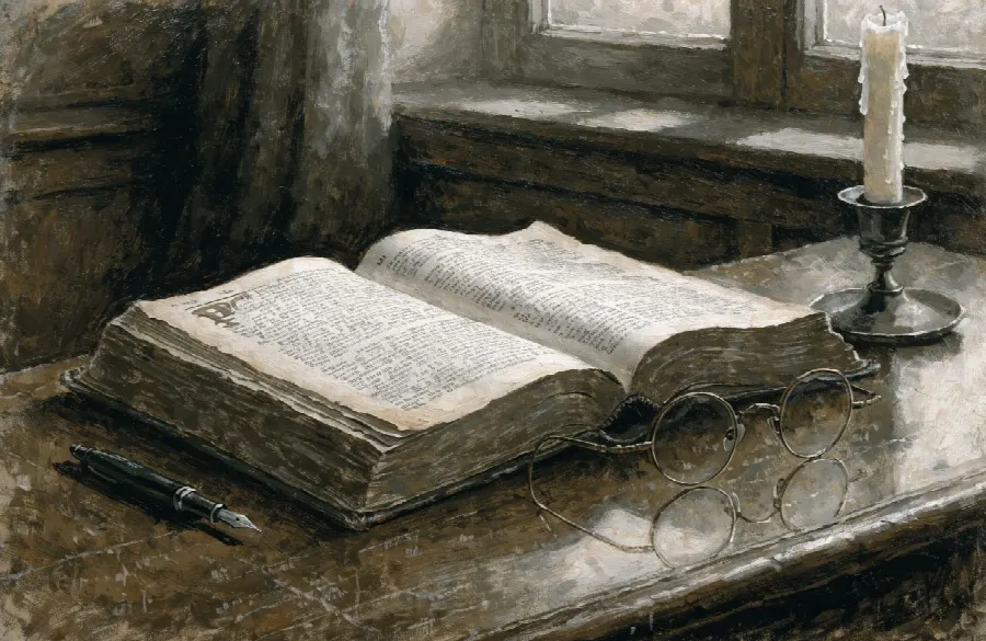 книга, окно, очки, ручка, свеча, стол