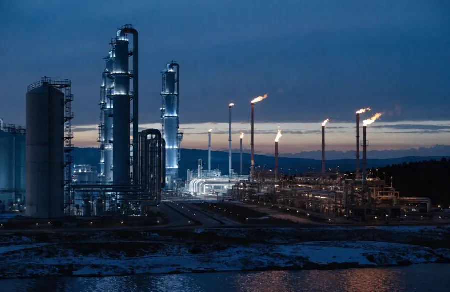 нефтеперерабатывающий завод, нефтехимия, ночная сцена, промышленное предприятие, резервуары для хранения, трубопроводы