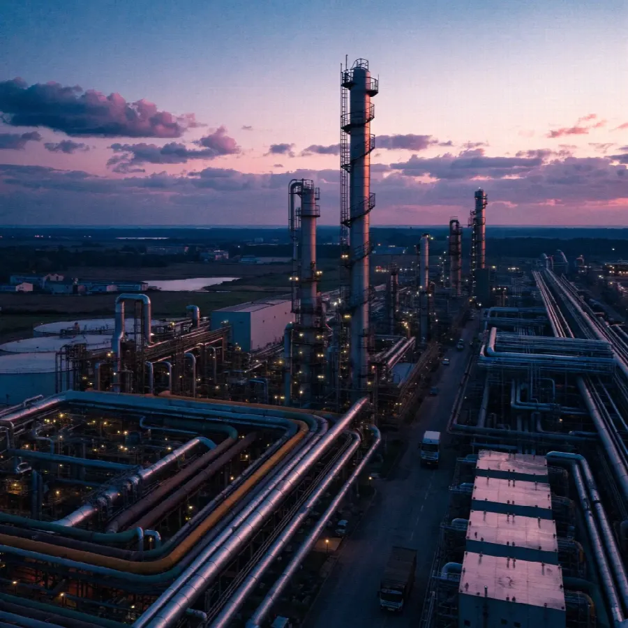 дымовые трубы, закат, логистика, нефтеперерабатывающий завод, ночь, промышленный комплекс