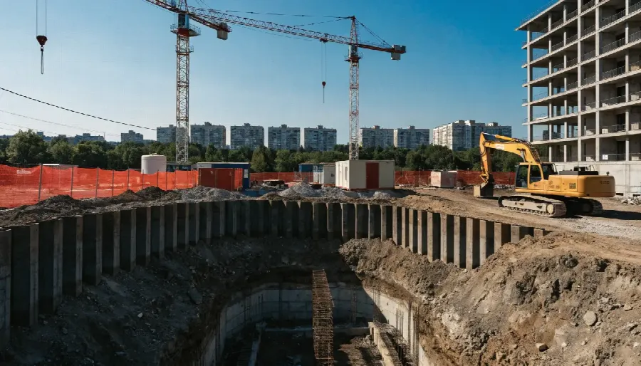 городской, застройка, здание, котлован, кран, строительство